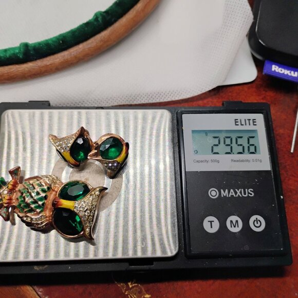 Vtg Coro Sterling Silver Green Owl Brooch/ Fur Clip & Screw Back Earrings Set - Picture 12 of 12